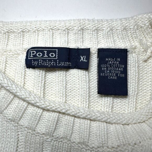 Vintage 90s MADE IN JAPAN Polo Ribbed Sweater L Ivory Fisherman Short Fit - Picture 3 of 9
